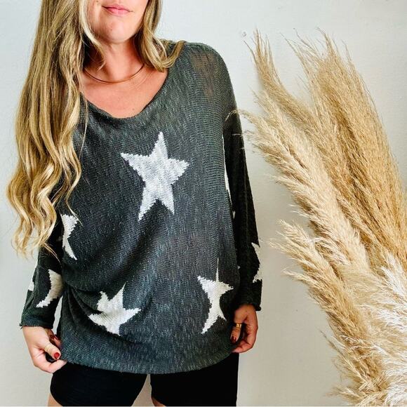 WISHLIST NORDSTROM Grey Gray White Stars Bold Chunky Knit Pullover Sweater M L - Picture 9 of 12
